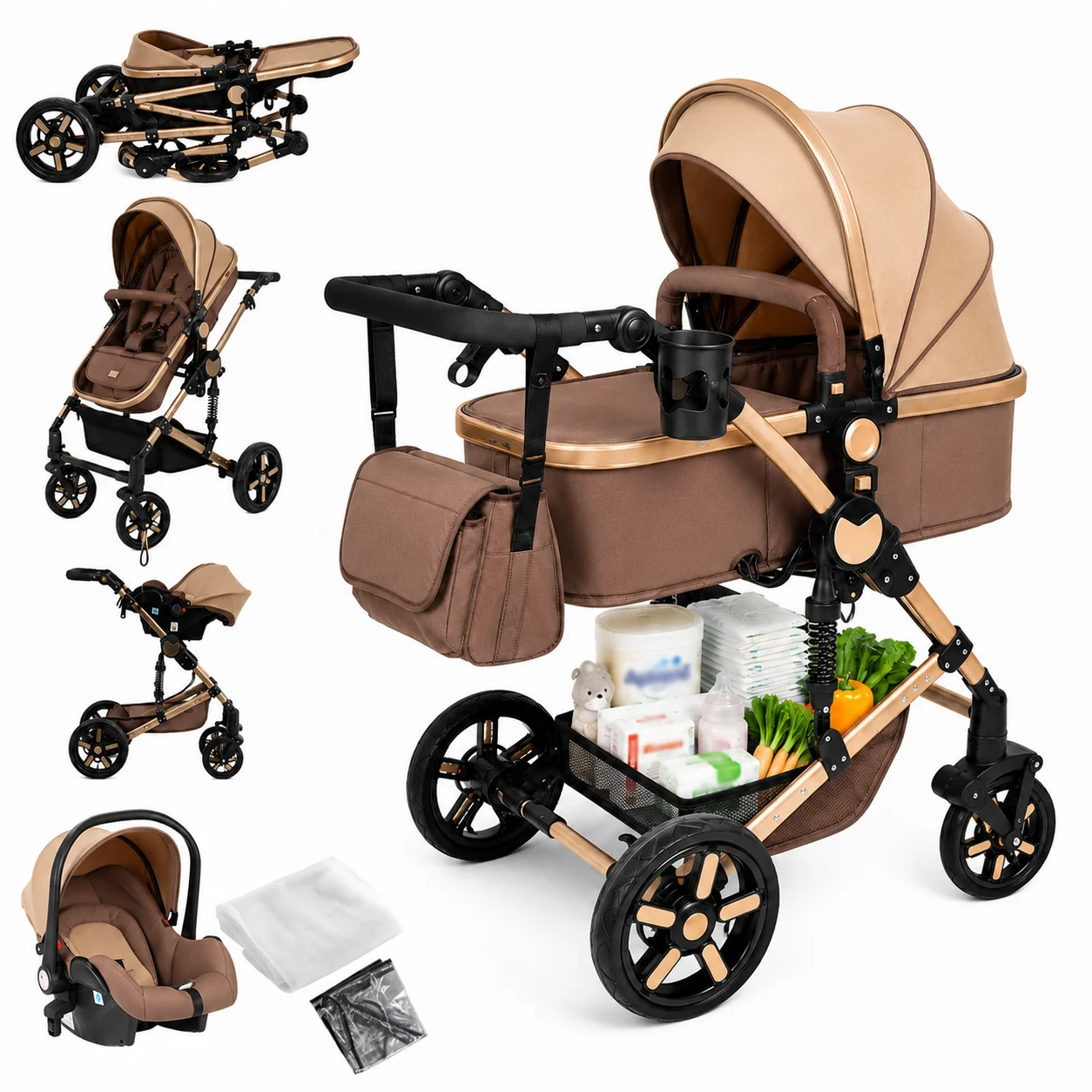 Converteerbare kinderwagen 3-in-1 kinderwagen Reissysteem Lichtgewicht hooglandschapontwerp Omkeerbare zitting Comfortabele verstelbare rugleuning Grote zonnekap Soepele verende wielen voor