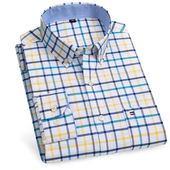 100% Pure Cotton Oxford Shirts for Men Long Sleeve  Plaid Shirt Striped Male BusinessTartan  Red Shirt Mans Designer Clothes 3