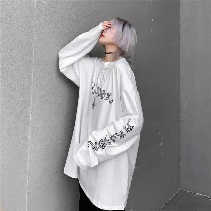 QWEEK Gothic White T-shirt Women\'s Harajuku Long Sleeve Mall Goth Top Vintage Grunge Alt Clothes Aesthetic Kpop Korean 2021