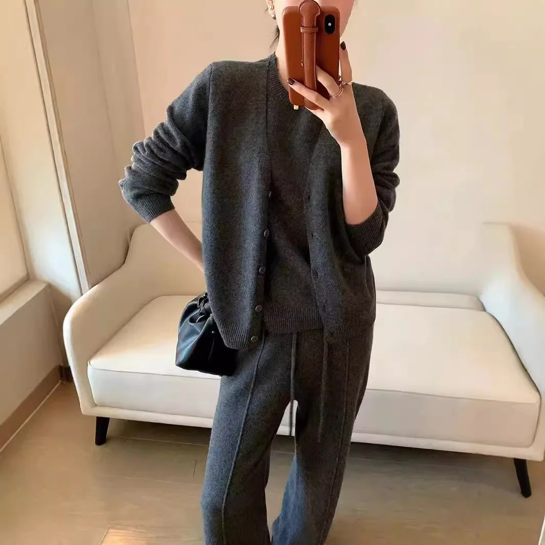 

Весенне-осенний модный женский однотонный свободный повседневный модный вязаный комплект из 2 предметов, свитер с грудью, кардиган, брюки, женские