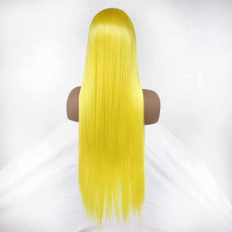 Pelucas delanteras de encaje sintético 13x4 de pelo liso amarillo tierno, pelo de fibra resistente al calor de alta calidad para mujeres a la moda, uso diario