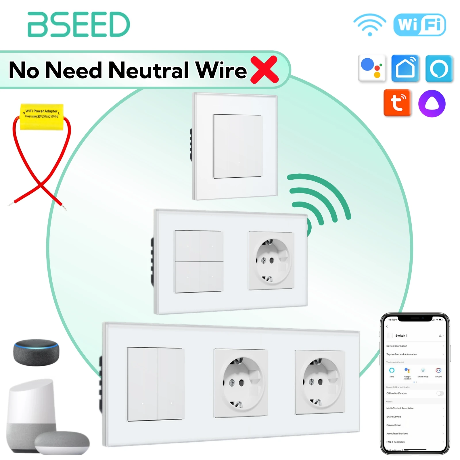 BSEED WIFI Single Live With Switches Capacitor Smart Click Light Switches Glass Frame For Tuya Smart Life Google Yandex APP