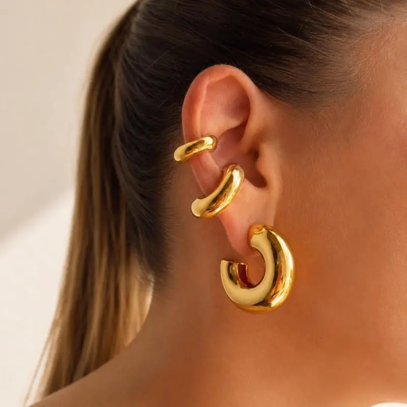 3Pairs Golden Silvery C-Shaped Clip On Hoop Earrings, Vintage Non-Pierced Ear Clips for Women Daily Party Wear