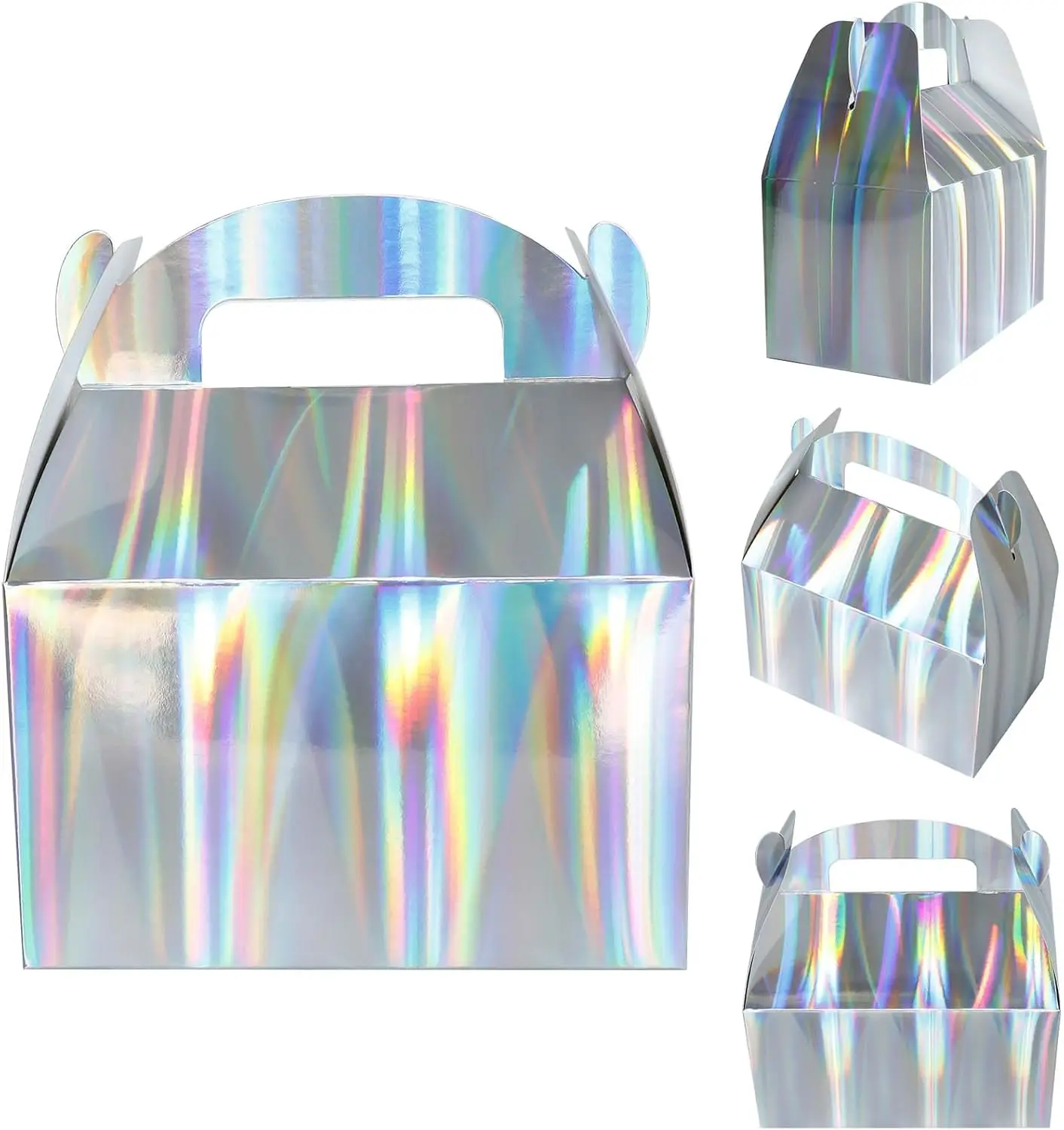 

Shiny Rainbow Party Favor Boxes 24pcs Iridescent Silver Gift Gable Treat Boxes Candy Snacks Goodie Bags Cookie Box for Birthday
