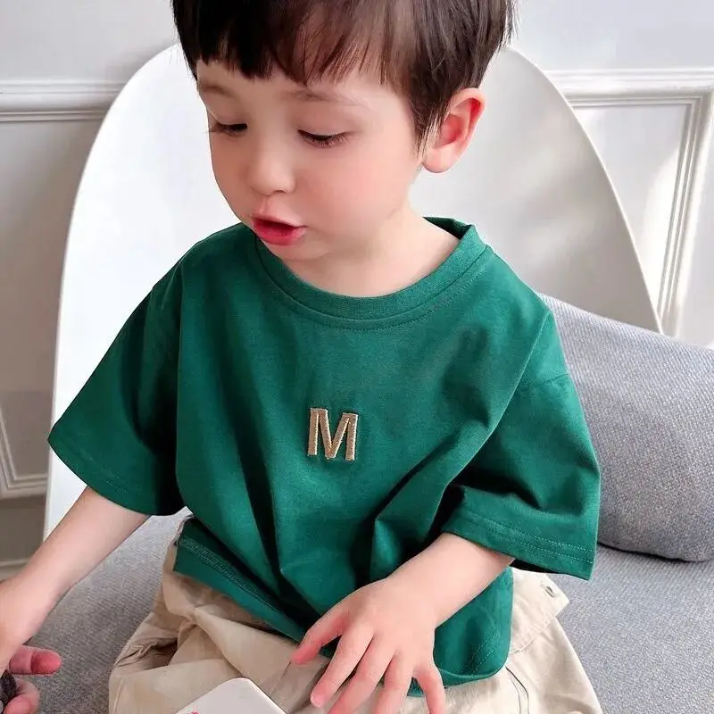 

Children's Embroidered Short sleeved T-shirt Boys' Letter Pure Cotton T-shirt Top Summer Girl Baby Round Neck Bottom Shirt