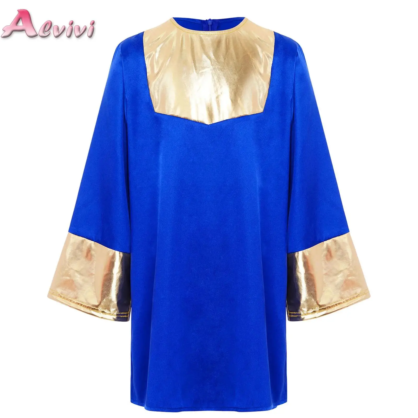 Boys Liturgical Praise Dance Top Long Sleeve Loose Fit Church Dancewear Metallic Color Block Worship Costume Dance Robe Dress