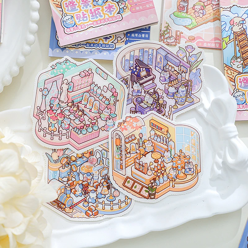 24Pcs/bag Zoo Small Group Meow Meow Adventure Series Scenery Sticker Book DIY Three-dimensional Scene Miniature Sticker Handbook