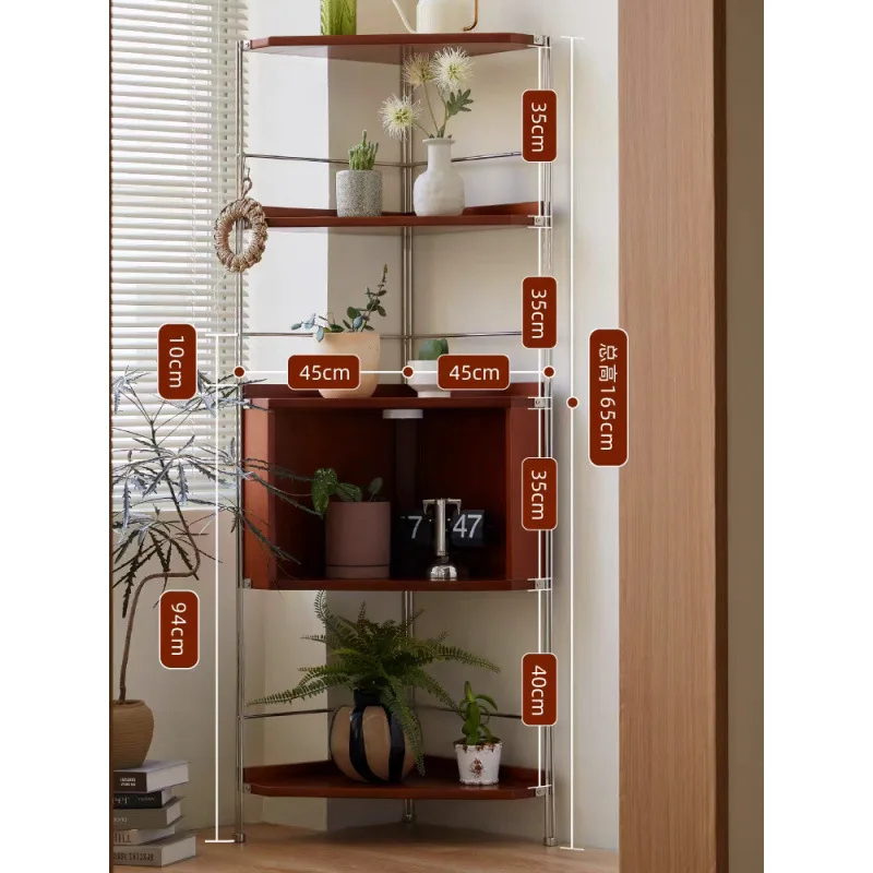 Vetrina triangolare per libreria angolare per piccolo appartamento in legno massello con pavimento in metallo