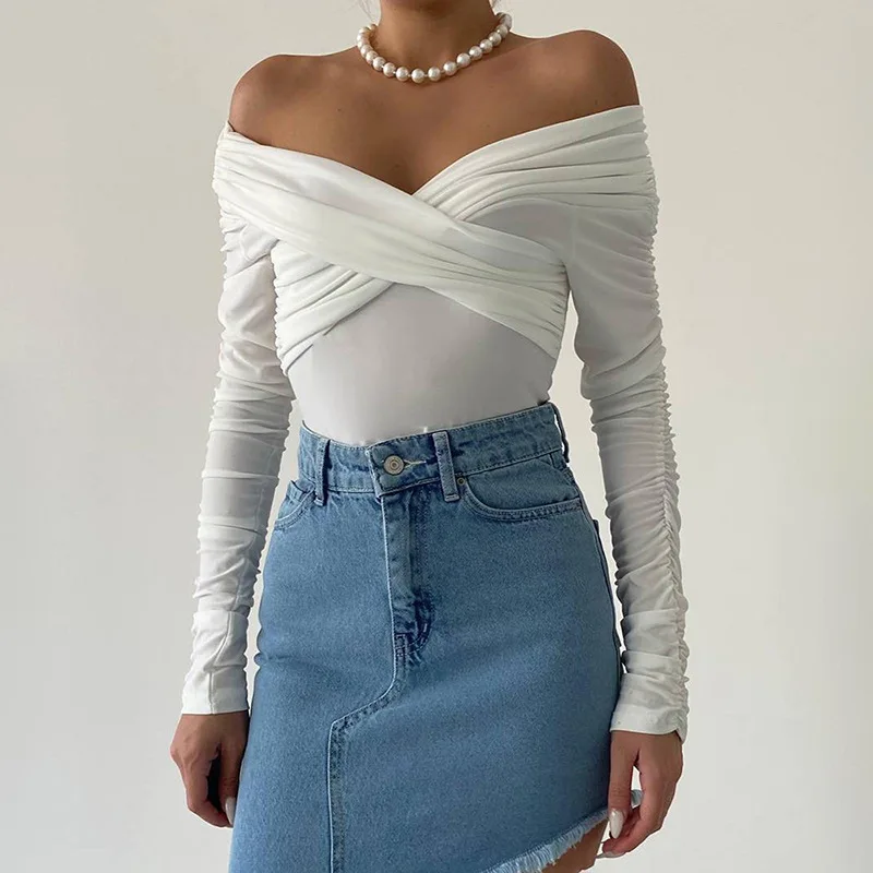 One-Piece Ruched Bodysuit Backless Wrap Elegant Off Shoulder Slim Long Sleeve White Tops Skinny Body Sexy Fall Body