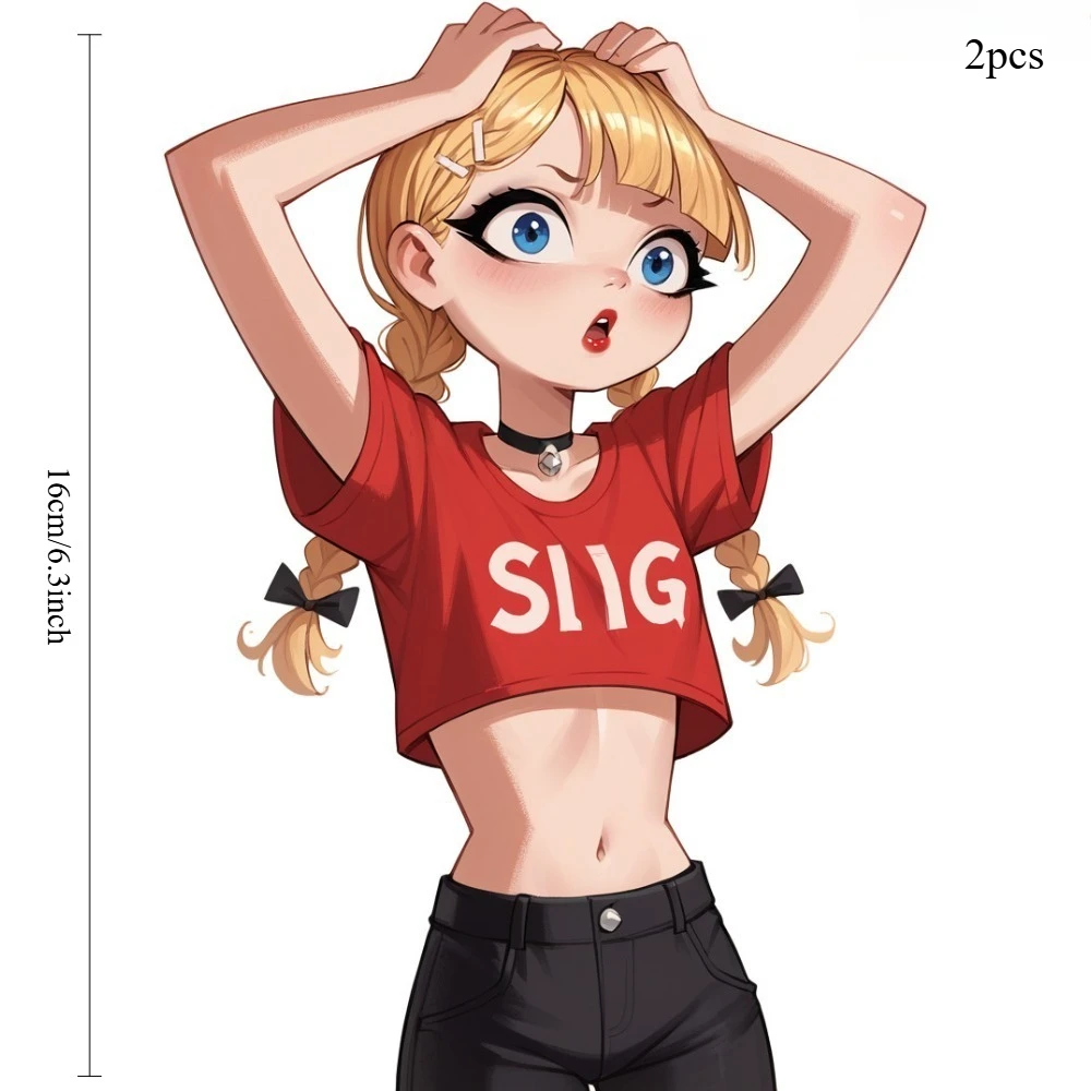 2Pcs Surprised Blonde Pigtail Girl Vinyl Sticker Set,16cm Weatherproof Decal for Car Rear Window,Bumper,Trunk,Luggage Decor