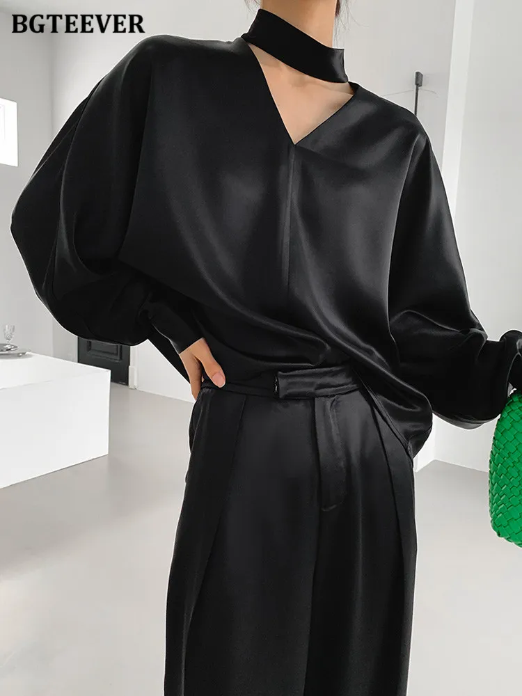 BGTEEVER – chemisier en Satin à manches longues pour femme, élégant, col en v, couleur unie, printemps
