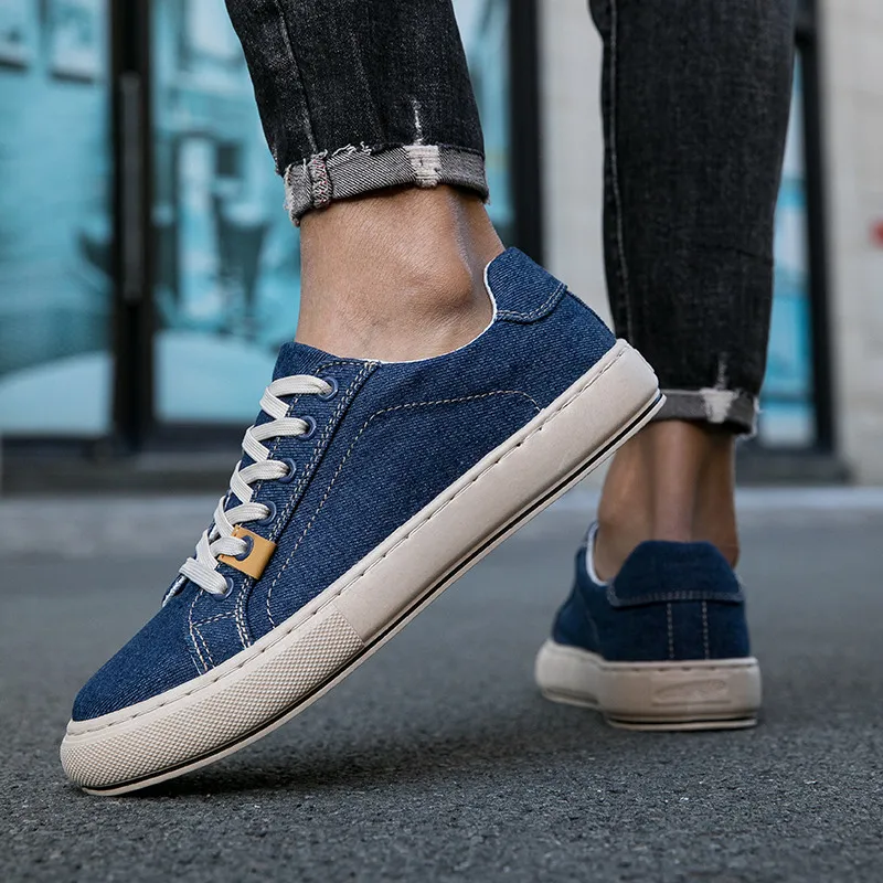 Sapato casual azul clássico masculino, sapato de lona jeans retrô, tênis plano respirável, mocassins primavera, 2024