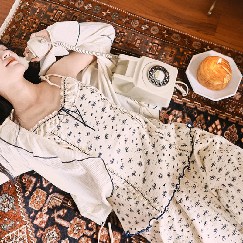 

Трикотажные пижамы с цветочным узором, женский пижамный комплект, одежда для сна, домашний костюм, осенне-зимняя пижама с длинными рукавами, брюки