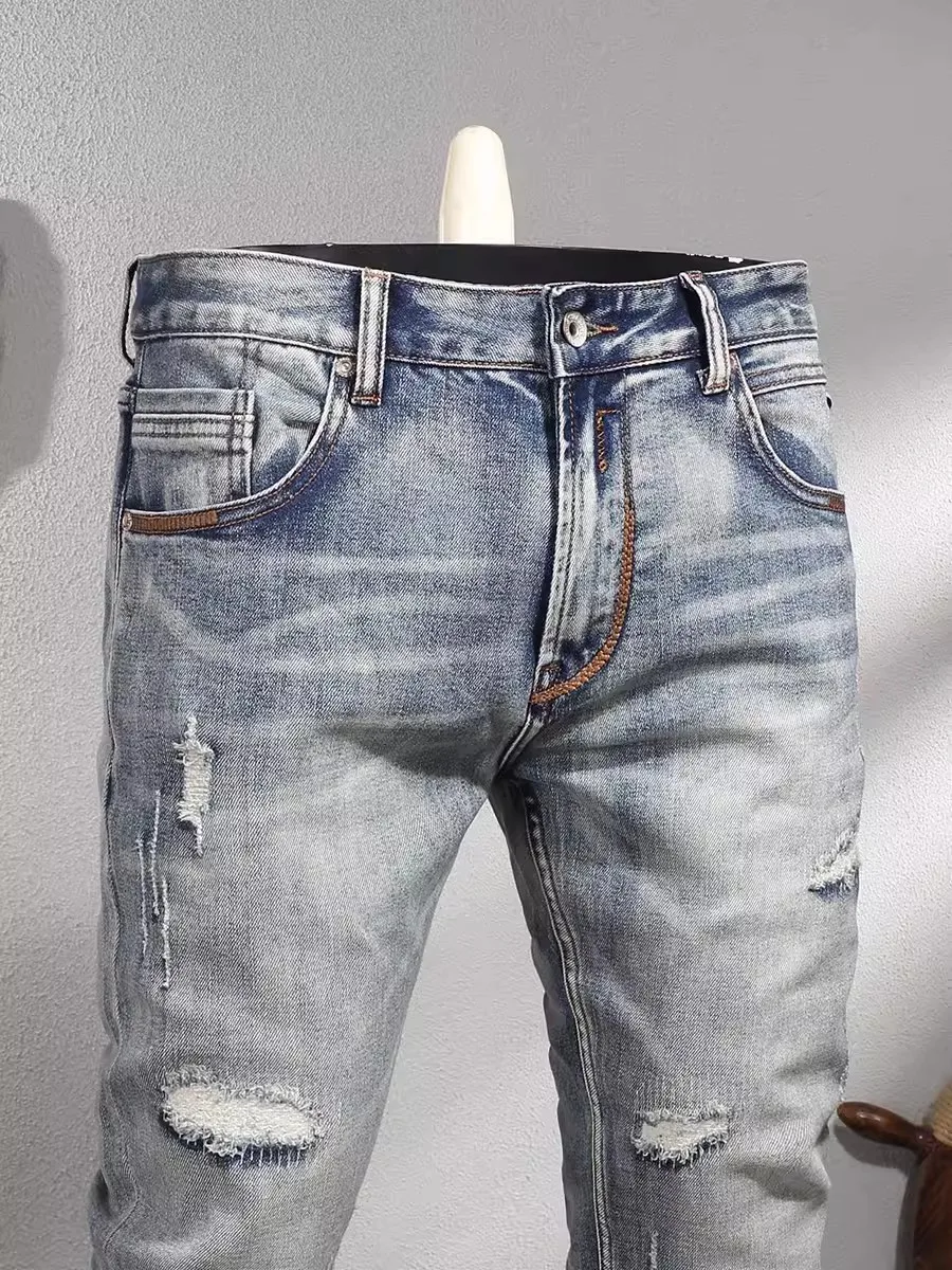 Fashion Designer Men Jeans High Quality Retro Washed Blue Elastic Slim Fit Ripped Jeans Men Vintage Casual Denim Pants Hombre
