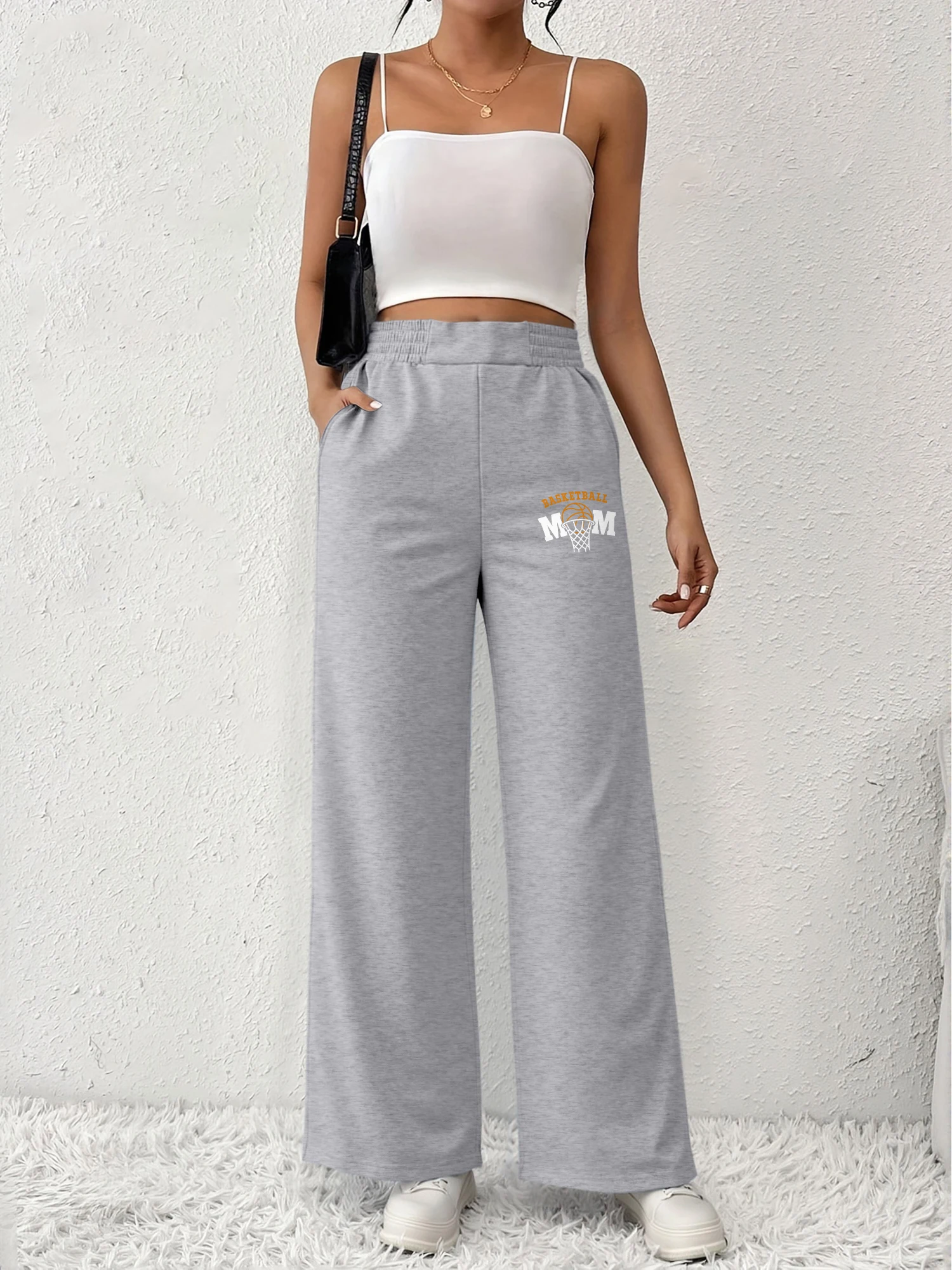 

Women's High Waist Wide Leg Pants Basketball Mom Print Elastic Waist Casual Joggers With Side Pockets