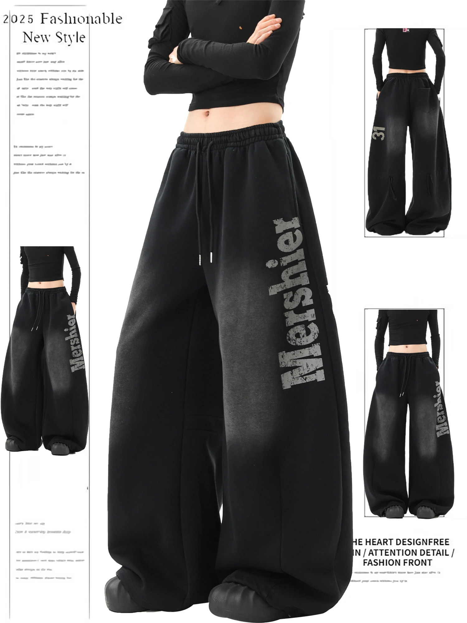 

Y2K Women's High Waist Wide Leg Sweatpants Black Vintage Washed Letter Print Drawstring Loose Fit Streetwear Trousers