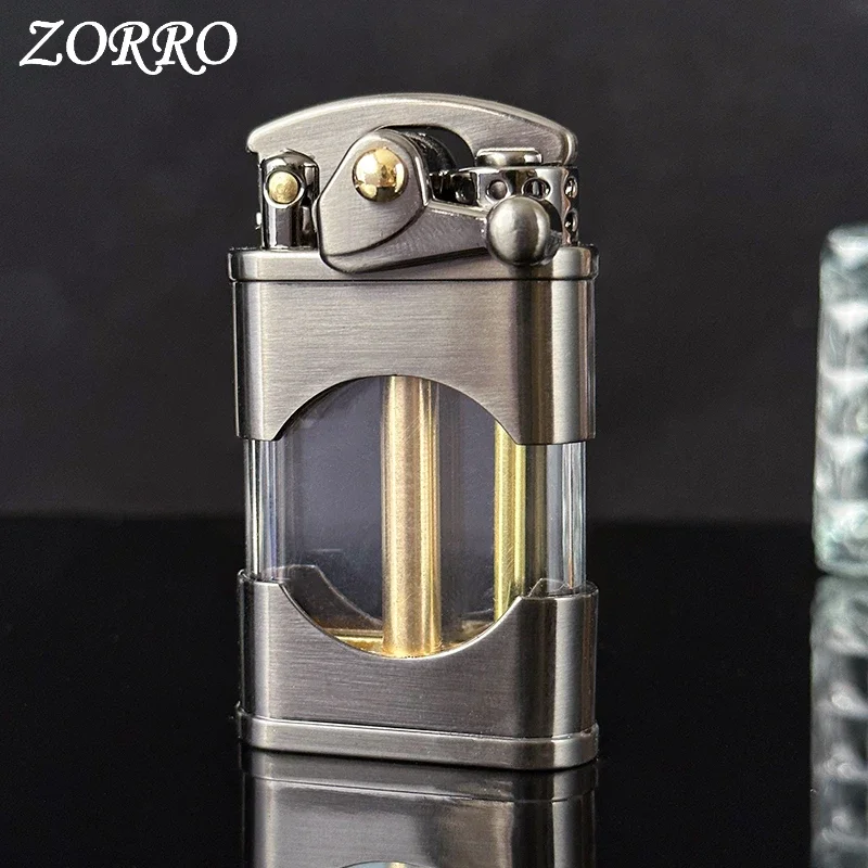 2024 Zorro New Windproof Waterproof Kerosene Lighter with Transparent Oil Tank Creative Retro Grinding Wheel Flint Metal Lighter