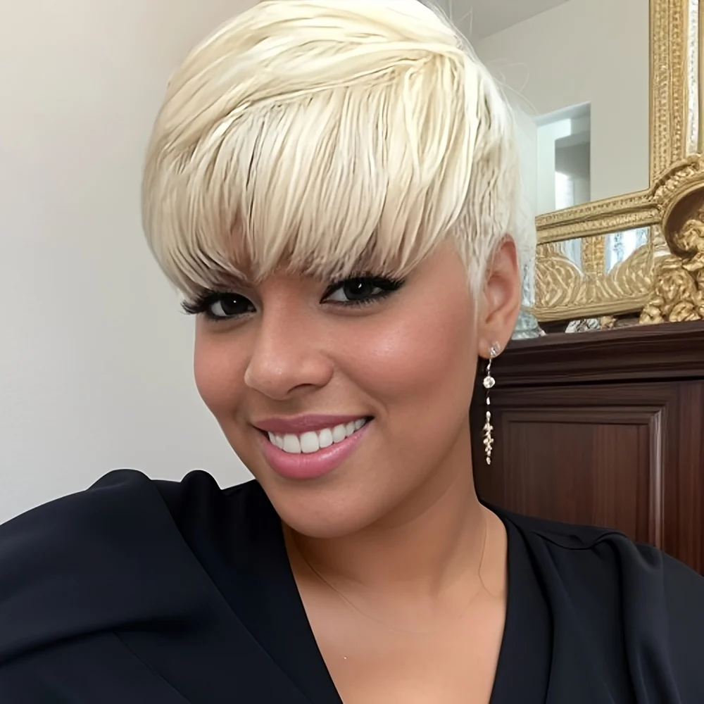 613 Blonde Kleur Rechte Menselijk Haar Pruik voor Vrouwen Pixie Cut Pruik Volledige Machine Gemaakt Pruik 150% Dichtheid 6 Inch