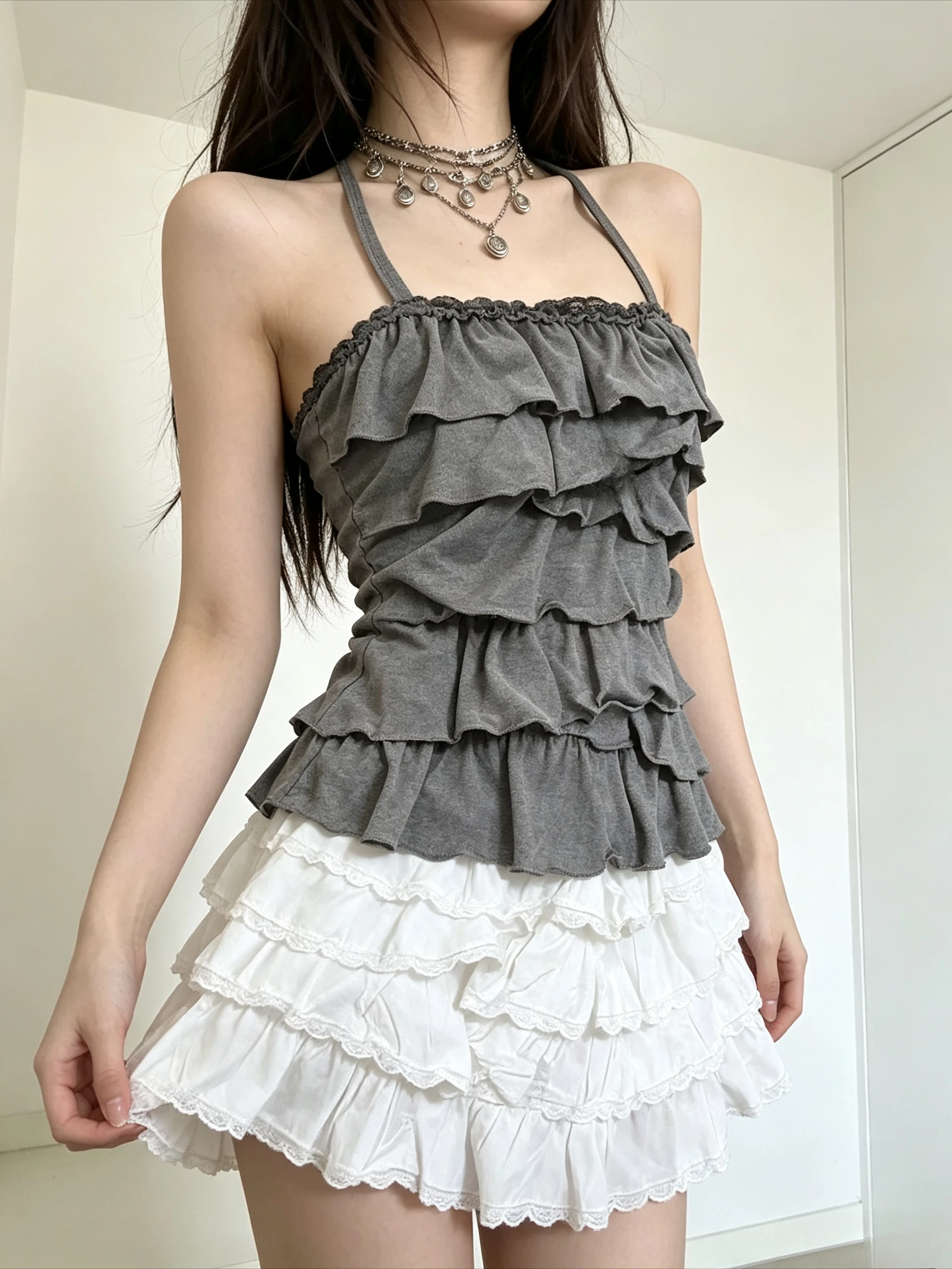 Japanese Light Sub Vintage Early Hot Girl Y2k Chest Strap Neck Cake Halter Top Streetwear Casual Party Aesthetic Fashion Outfits