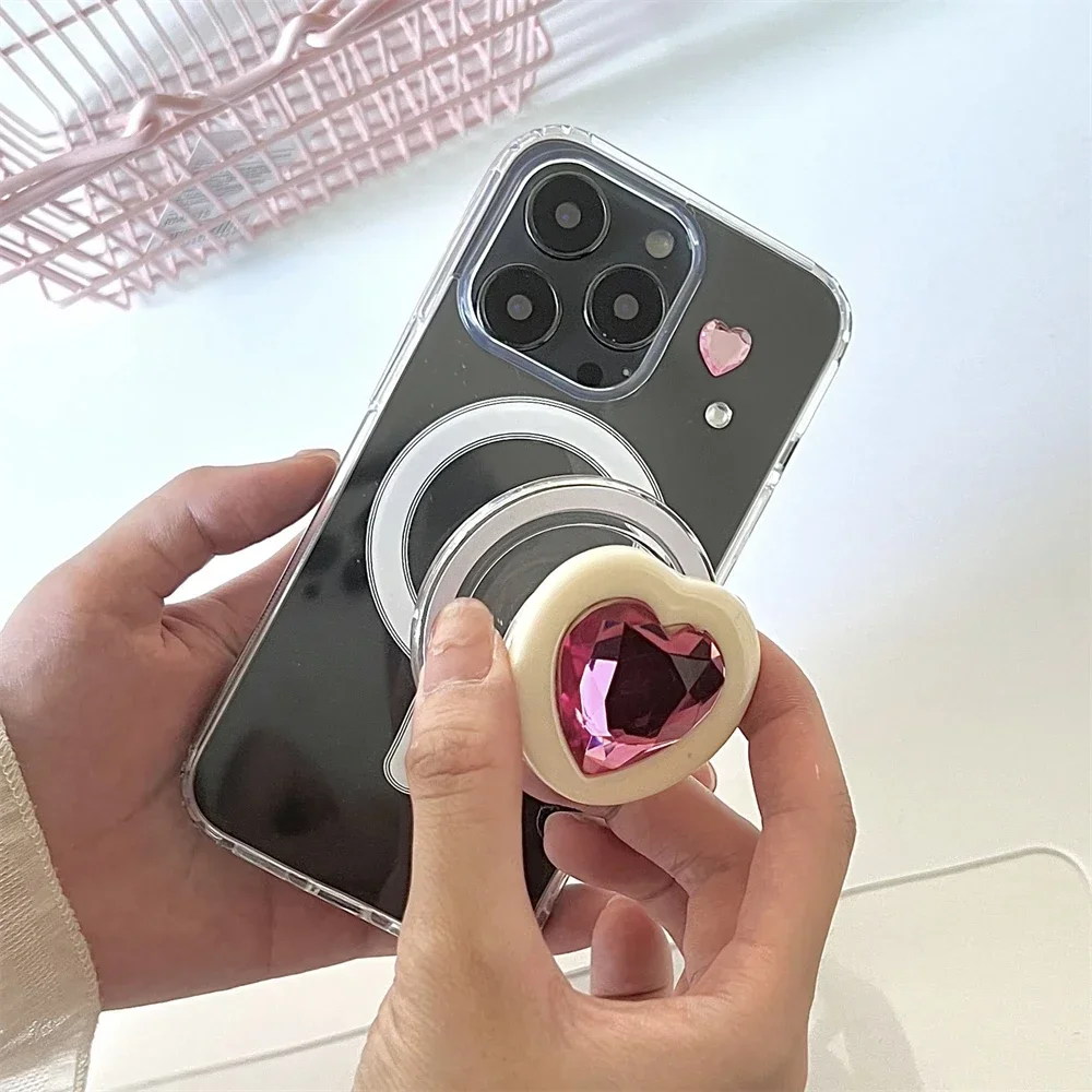 韓国のかわいい 3D ダイヤモンドラブハート Magsafe 磁気電話 Griptok グリップ Tok スタンド IPhone 15 ワイヤレス充電ケースホルダー