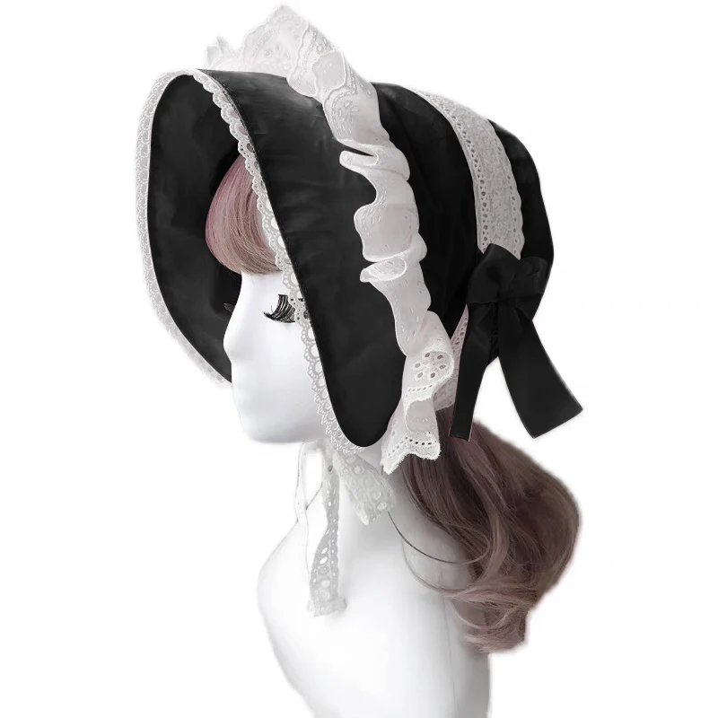 かわいい女性ロリータボンネットヴィンテージビクトリア朝の帽子綿レースピンクモップコスプレアクセサリー