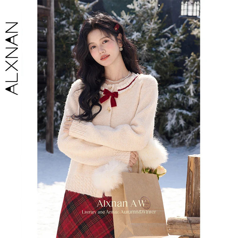 

ALXNAN Women Warm Knit Sweater Ruffled O-neck Metal Button Velvet Bow Brooch Long Sleeve Cardigan Winter Holiday Sweater L523111