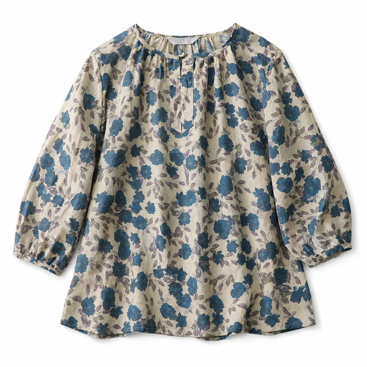 Women Floral Print Blouse 3/4 Lantern Sleeve Round Neck Loose Fit Cotton Linen Casual Summer Top M-2XL