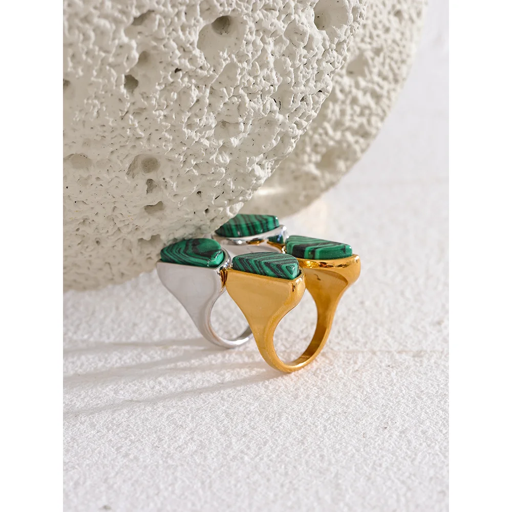 Yhpup Green Natural Malachite Stone Stainless Steel Fashion Wide Ring Gold Silver Color Charm Waterproof Jewelry for Women Gift