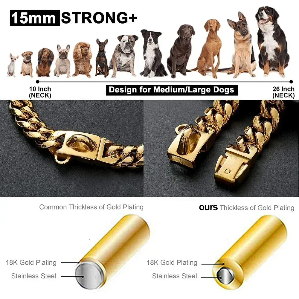 Coleira de corrente para cães de estimação, 14mm de largura, aço inoxidável, corrente cubana, gargantilha para animais de estimação, colar de metal para cães