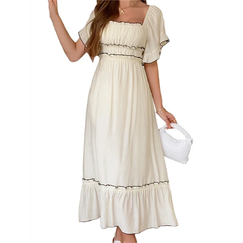 Vestido midi de manga corta para mujer, cuello cuadrado, color en contraste, informal, Rick Rack, vestidos ahumados-A55G