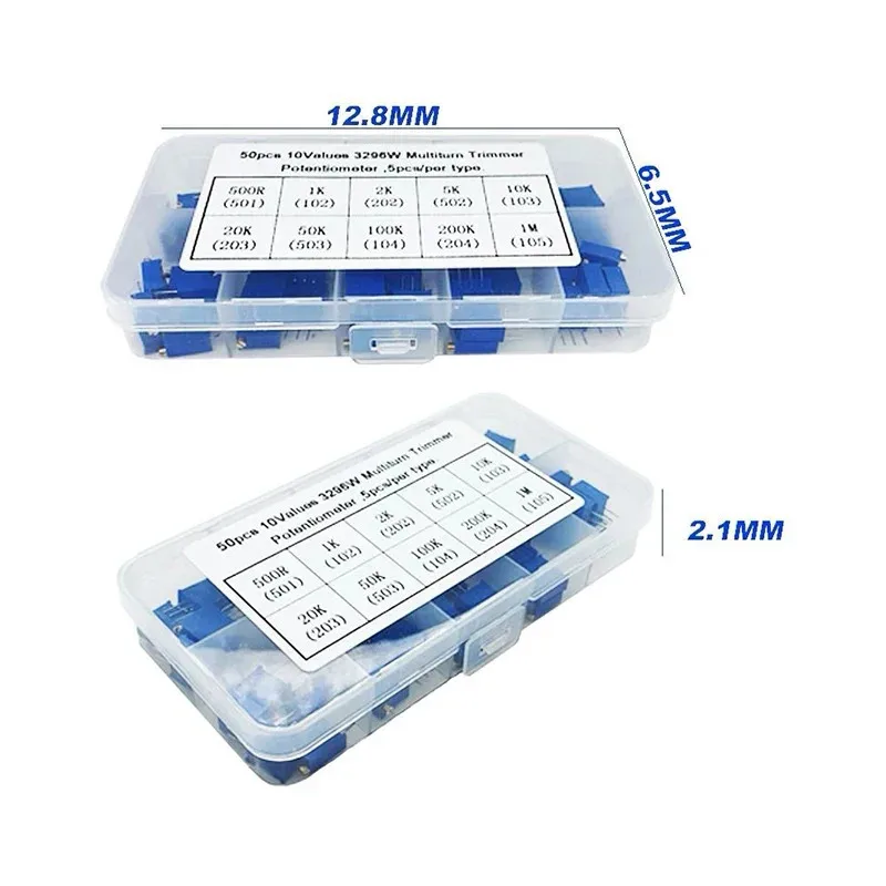 Kit de potenciómetro recortador multivuelta de 3296W, 50 unids/lote, resistencia Variable 3296 de alta precisión con caja gratis, kit electrónico diy