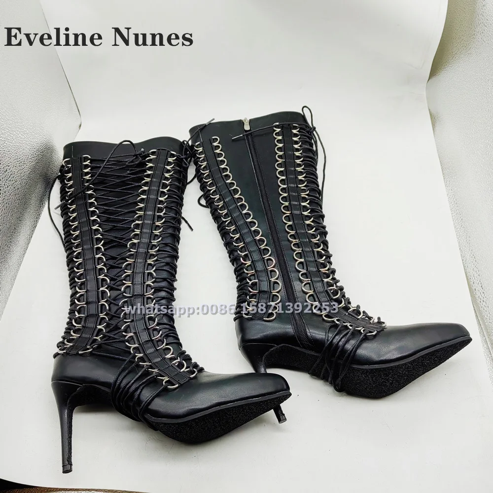 

Black Cross Tied Sexy Knee-High Boot Pointed Toe Stiletto Heels Side Zipper Plus Size Modern Boot Solid Splicing Punk Shoes 2024