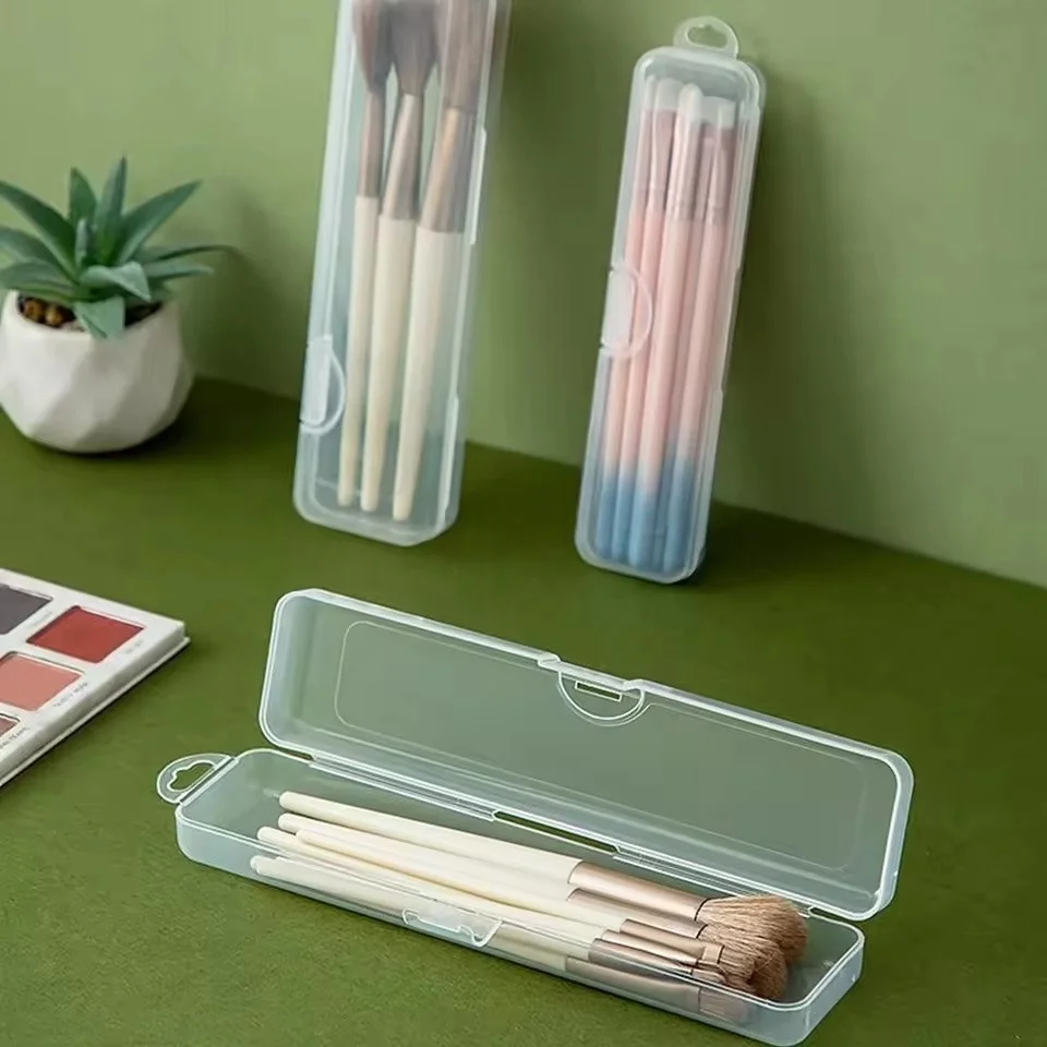 2pcs/set Plastic Organizer Box, Transparent Portable Makeup Brush Storage Box, Eyebrow Pencil Tableware Chopstick Box with Cover