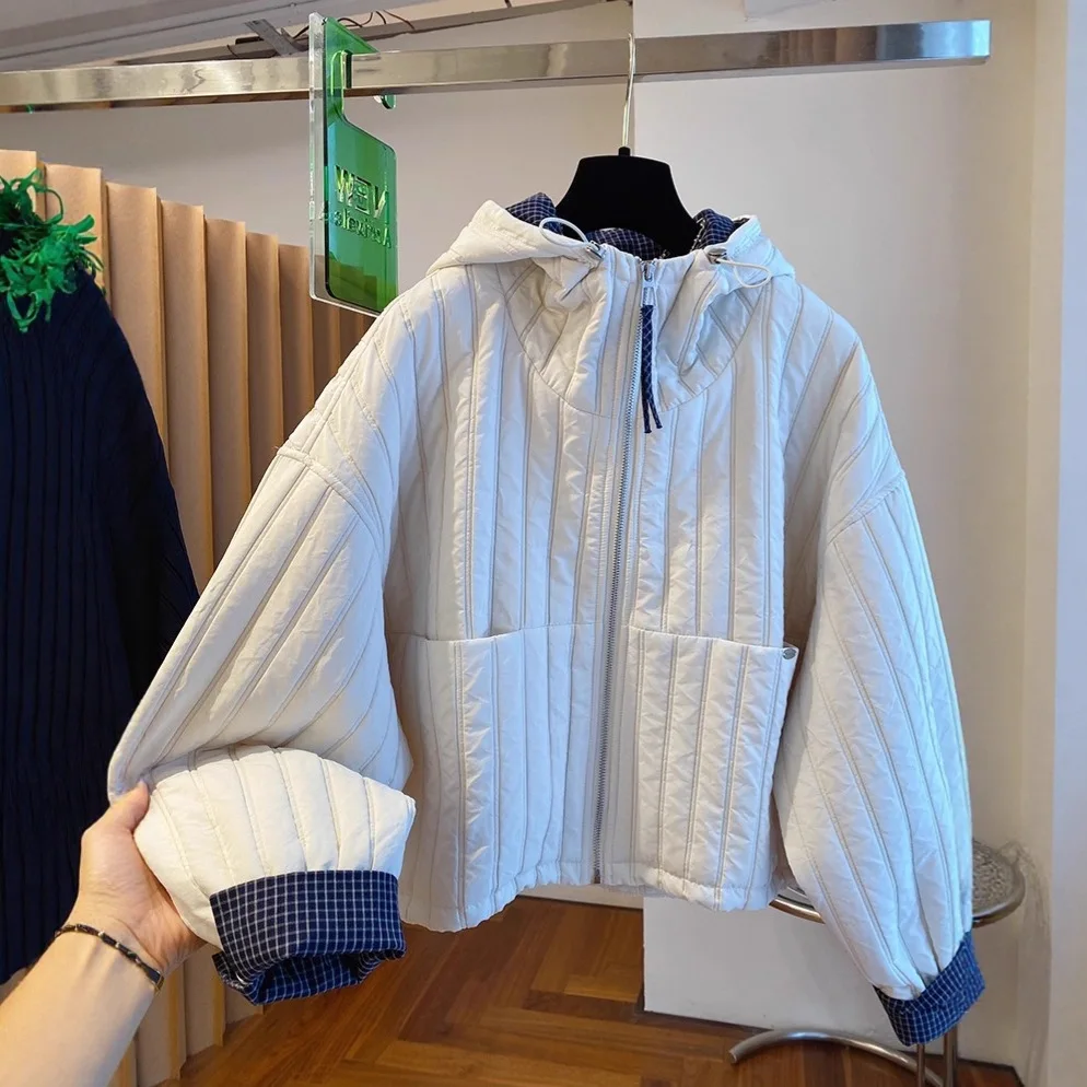 

Euro-Korean Quilted Hooded Jacket - Women's 2025 Plaid Patchwork Oversized Shacket