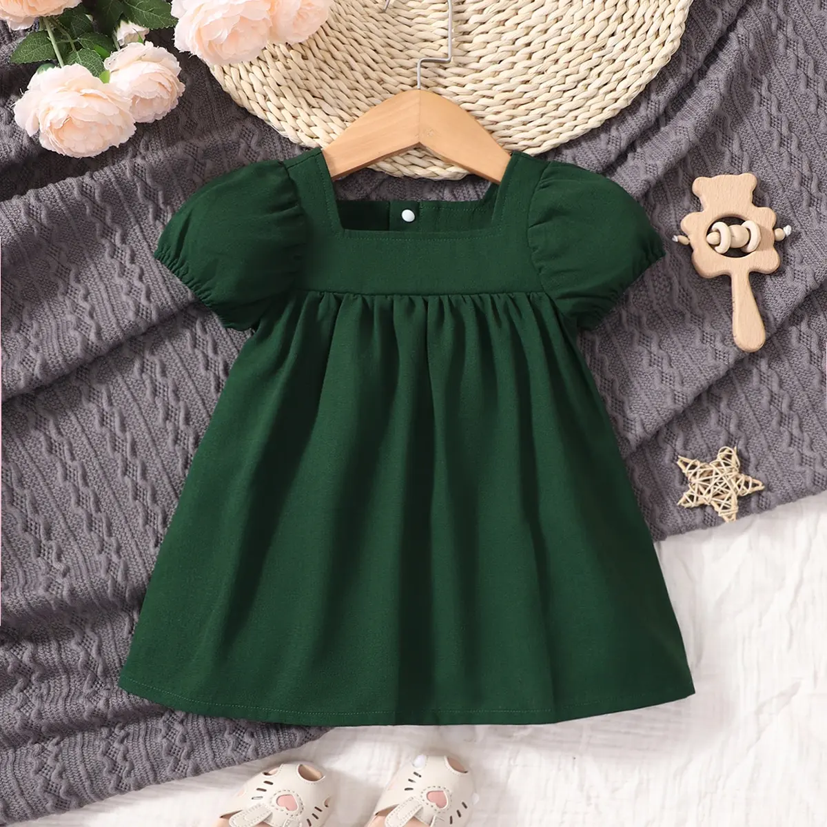 Newborn Clothing, Baby Dress, Dark Green Square Neck Bubble Sleeve Dress, Infant A-line Skirt 6M-3Y