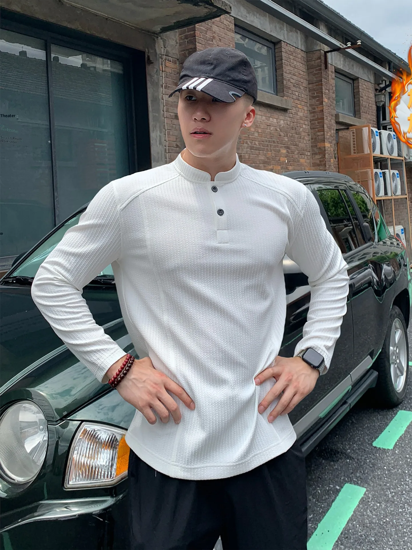 

Men's Fce Lined Long Sve T-irt Henry Collar Inner Wear Base irt Heavyweight Structured American Sle Fitn Casual