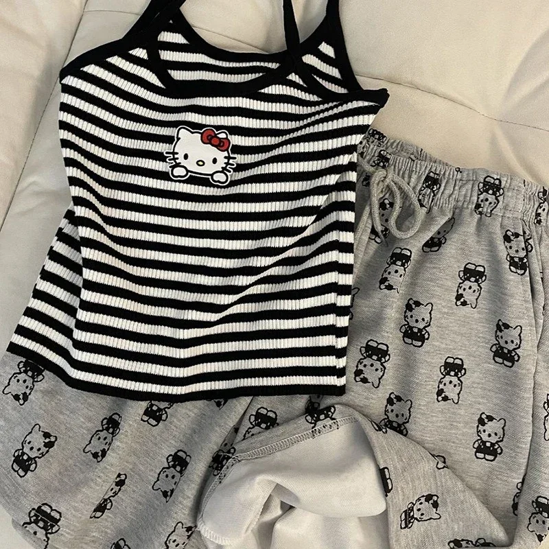 Sanrio Hello Kitty New Kawaii Summer Sweet Spicy Cartoon Print Camisole Pajamas Women Undershirt Shorts Homewear Suit Outside