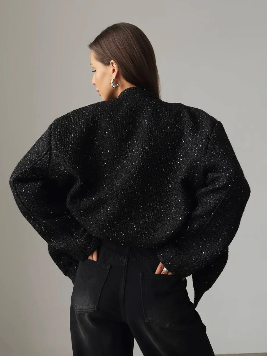 Autumn Loose Tweed Sequin Jacket Women Fashion Coat Trend Casual Warm Chic Elegant Female Coats Stylish Woman Outwear