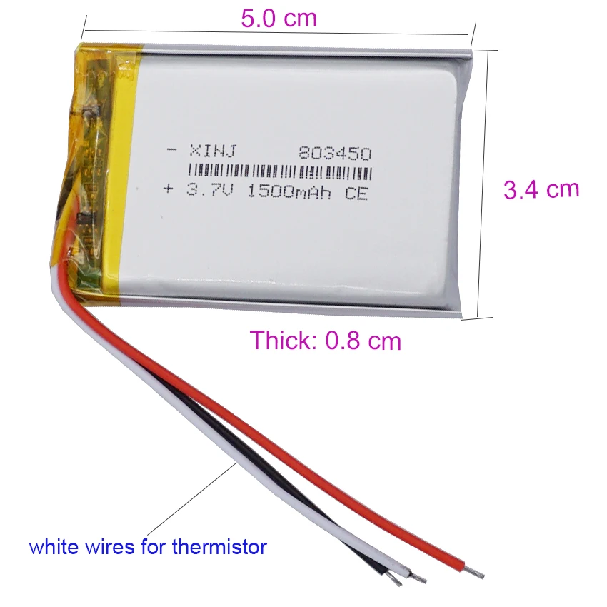 3.7V 1500mAh 5.55Wh NTC 3 Wires 803450 Rechargeable Li Battery JST 3Pin 1.0/1.25/1.5/2.0/2.54mm plug For GPS Bluetooth Speaker