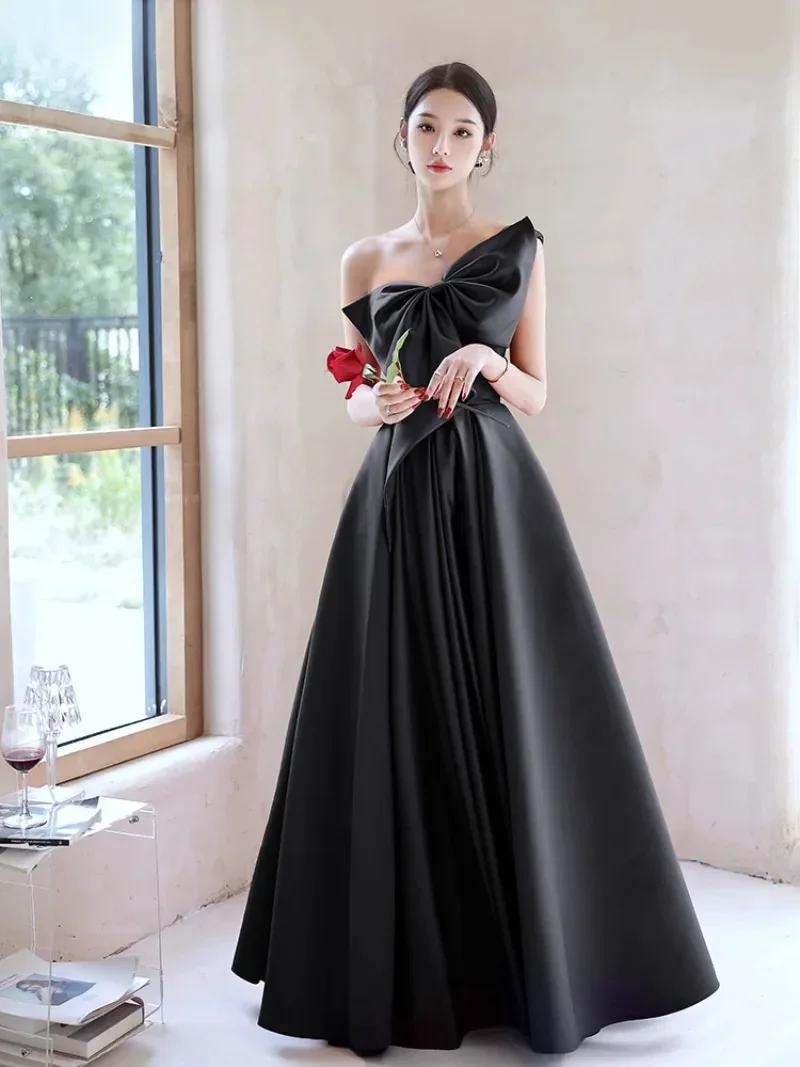 Women Fashion Bow Evening Dress 2024 Sexy Sleeveless Satin Party Banquet Prom Long Dresses One-shoulder Backless Maxi Vestidos