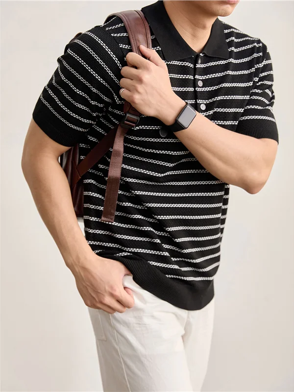 High-End Knitted Men's  Shirt Summer Honeycomb Texture Color Block Stripe Collar Short Sleeve T-Shirt Youth Fashion Stand...