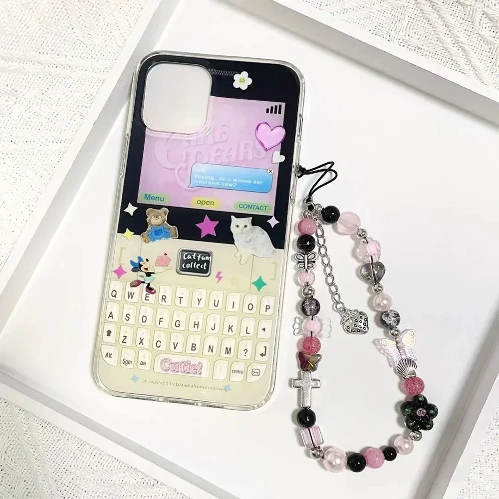 

Y2K Pink Beaded Flower Candy Butterfly Bracelet Phone Chain Pendant For Universal Accessories Chain Stylish Jewelry