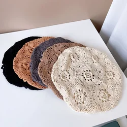 Ancient Hand Crochet Cotton Beanie Beret Women Summer Hollow Breathable Knitted Hat 3D Flower Painter Hat Tide