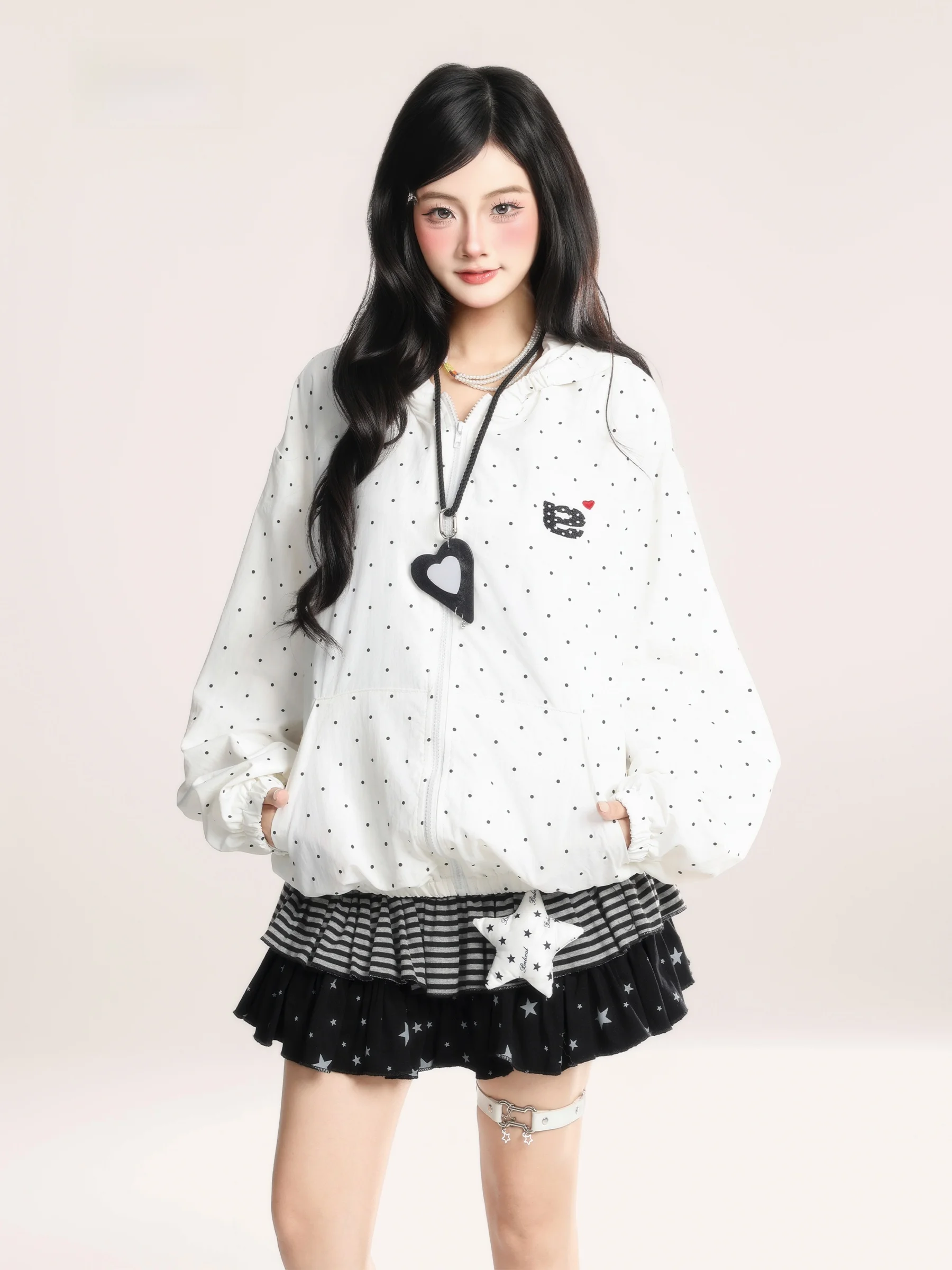 

Корейская женская летняя куртка с капюшоном в горошек, свободного кроя, с защитой от УФ-излучения, весенняя, из хлопка, для защиты от солнца