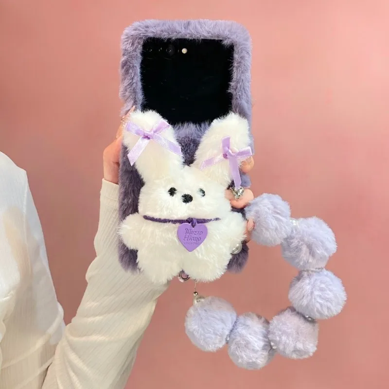 Plush 3D Bunny Phone Case for Samsung Galaxy Z Flip 8 7 6 5 4 3 Cute Furry Soft Purple Rabbit Cover with Pom Pom Bracelet Strap