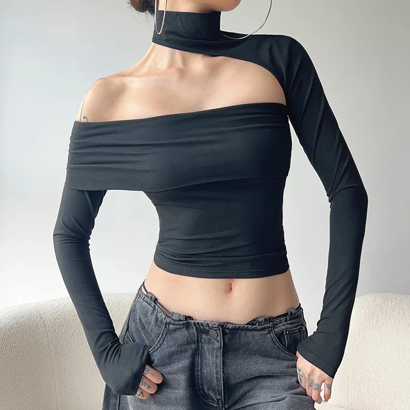 

American Spicy Girl Hanging Neck Asymmetrical Long Sleeved Off Shoulder Strapless Fashion Street Personality Casual T-shirt Top