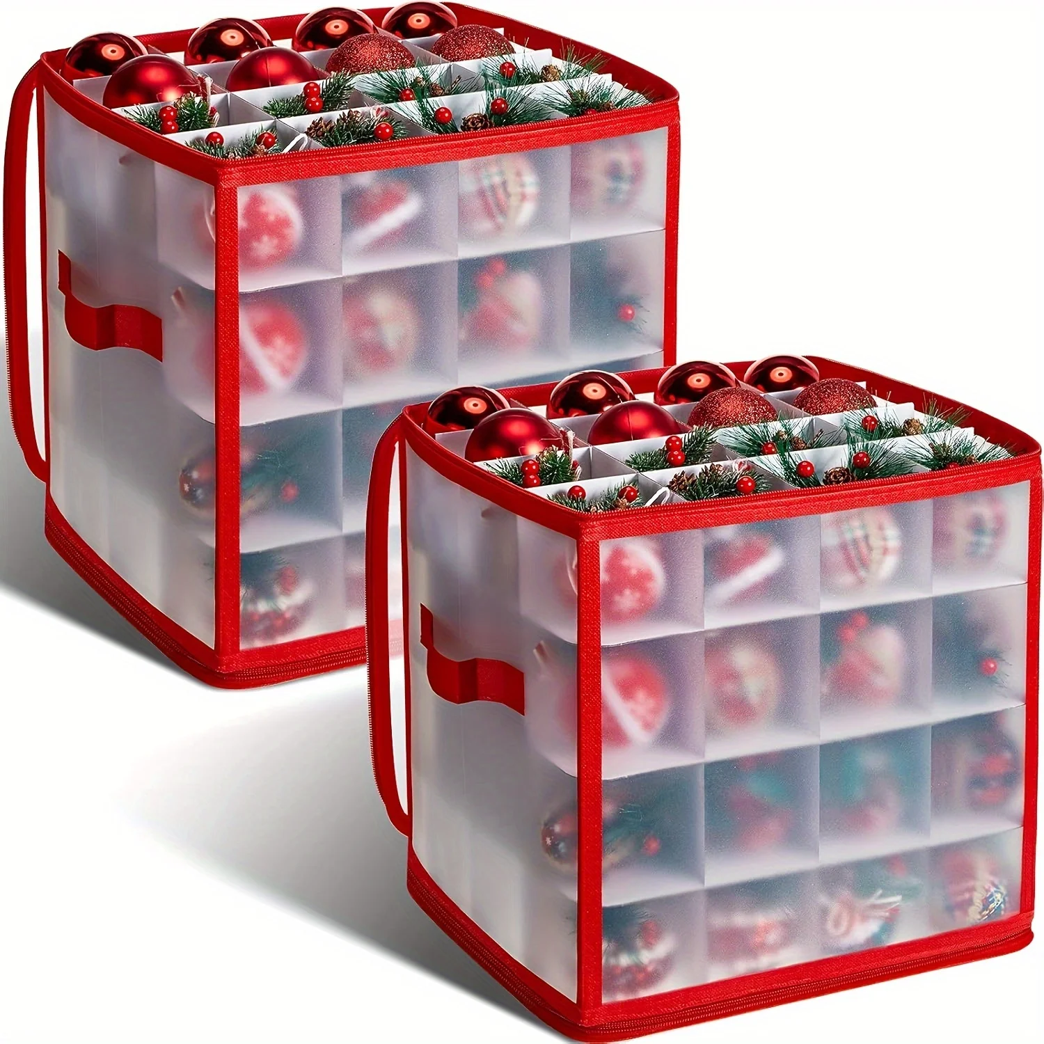 

2pcs 64-Compartment Christmas Ornament Storage Box 12x12x12 Inch Heavy-Duty Zippered Vinyl Container with Handle for Xmas Decor