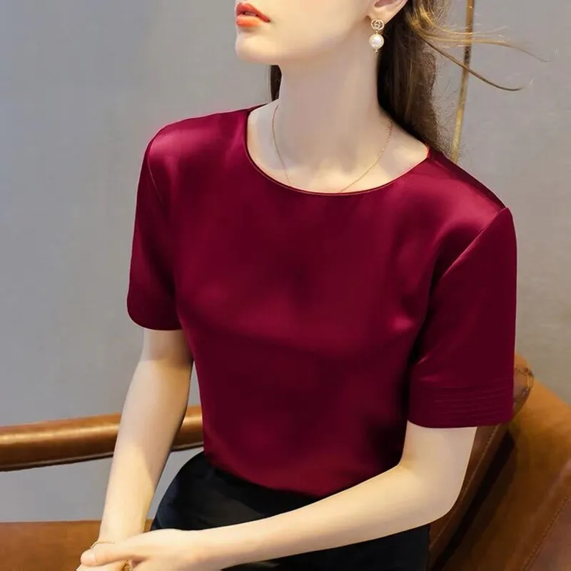 2024 Summer Korean claret Tops Spring Acetate Satin Tees Women High Quality Ladies casual elegant silk satin blouse 10 colors
