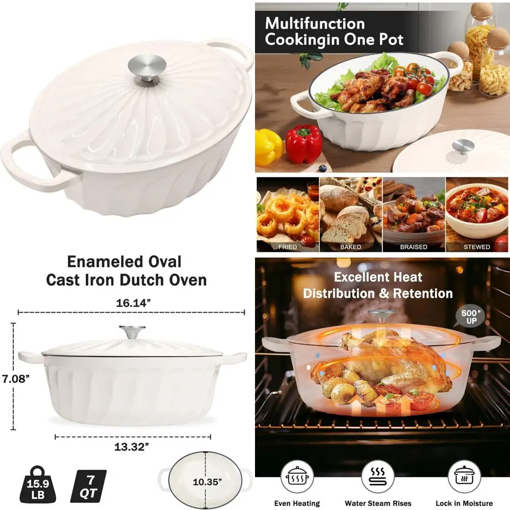 

Non-stick 7 Quart Cast Iron Dutch Oven with Dual Handles for Cooking, Baking, Frying, and More