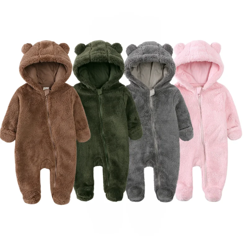 

2025 Warm Footed Baby Romper Zipper Closure Fall Newborn Bear Ear Hooded Fuzzy Onesie Outfit Infant Boys Girls 100 Days Jumpsuit